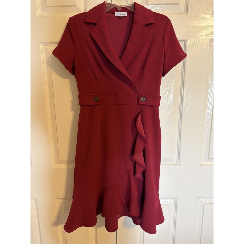 Calvin Klein‎ Ruffles Collard Red Wine Sheath Dress Size: 6